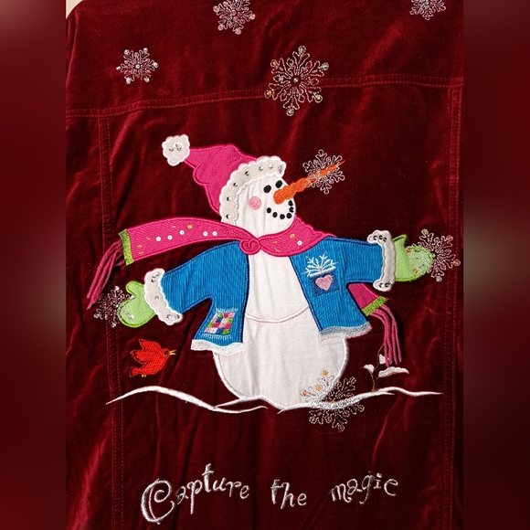 Quacker Factory - Red Velvet Snowman Jacket - Size 2X - Winter Snow Flakes - Picture 3 of 14
